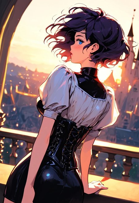 masterpiece,best quality, highly detailed, score_9, score_8_up, score_7_up, score_6_up, source_anime,
 BREAK
1girl, short raven hair, choppy, blue eyes, large breasts, bouncy, leather corset, unlaced, skirt hiked, flushed cheeks, looking side, from behind, castle balcony, torchlight flicker, windblown hair, sultry pose.
 BREAK
dynamic light, warm_light, warm_colors, high contrast, depth of field, golden hour lighting, dramatic shadows, rich details,