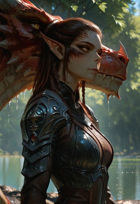 masterpiece, ultra-HD, cinematic lighting, photorealistic, impressionism (1.5), high detail, depth of field, (blurred background), (dramatic lighting),masterpiece, best quality, very aesthetic,8k,lae'zel, 1girl, gith (d&d), slit pupils, yellow eyes, facial mark , pointy ears, scar on face, scar on mouth, scar on forehead,  braided sidelock,  brown hair,  colored skin,  body freckles, toned,  dungeons & dragons, medium breasts,  reflection, wet,  relaxed, dappled sunlight, outdoors, shoulder armor, armor, ridding a red dragon, flying over lake,
masterpiece, best quality, amazing quality, usnr,