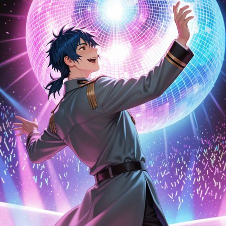 masterpiece, best quality, amazing quality, absurdres, newest, detailed background, definition so sharp, Ultra-HD, 8K cinematic, very awa, impressionate, amazing quality, highres, 
solo, male focus, manly, 
daikakukokujouji, 1boy, short hair, tied hair, low tied hair, lieutenant_pretime, lieutenant_blue hair, lieutenant_brown eyes, dancing, energetic pose, open mouth smile, clumsy moves, colorful lighting, disco ball, upbeat music, joyful, cool, energetic, charming, funny