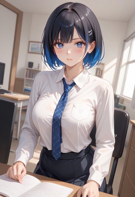 (Shion Tachibana, Short hair, Black hair, Multicolored Blue hair, Expressive eyes, Blue crystal eyes), perfect face, Serious expression, Blushing, Perfect body, Tall, White skin, Large breasts, white shirt, Long sleeves, blue tie, blue ribbons, black short skirt, office room, Windows, Table, Chair, indoor, Wide Angle Camera, (masterpiece, detailed:1.2), (High Resolution), (More Details), (8K), (High Resolution), Aesthetic style, (glitter), soft anime, intricate colors, vibrant colors, color detail, ((Anime illustration)), ((Incarnate detail)), ((Masterpiece)), ((Highest quality)), easynegative,
