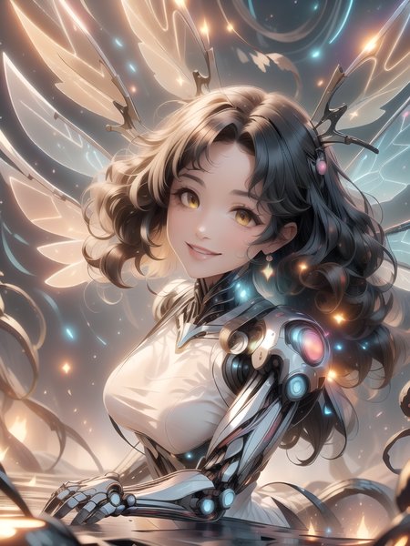 (masterpiece:1.4), high quality, high definition, sharp focus, detailed clothes, detailed body, detailed face, anime, best quality, 4k, 8k, absurd resolution, intricate detail, detailed hands, detailed eyes, animation, illustration, highly detailed, highres, extremely detailed, <lora:ETO_OCC002:0.4> ETO_OCC, black hair, (curly hair:1.5), long hair, thick eyebrows, <lora:hyperdenoiser_v090:0.6>, (looking at viewer:1.6), (plump:1.3), (hazel eyes:1.6), (parted bangs:1.8), (smiling:1.4), <lora:ETO_OC:0.4> ETO-OC, <lora:perfetfingers:1>, OverallDetail, waving, from side, 1girl, large breasts, skindentation, ah1, <lora:hyperrefiner_v090:0.6>, <lora:add_detail:0.6>, <lora:battle angel:0.7>, weapon, (battle angel:1.4), (mechanical wings:1.4), android, (mecha girl:1.4), cyborg, (round face:1.2), apple cheeks, <lora:taremeEyes_v10:1>, <lora:neon-rgb-style-darquelilly-v3:1> neonrgbstyle, reflection, gem, crystal, neon lights, glowing joints, gemstone, rainbow, bubbles, (RGB effect:1.3), (reflect:1.3), light, neon glow, multicolored, colorful, (round chin:1.3), <lora:HoneyTech-20:0.8> honeytech, honey, scifi, (glowing eyes)