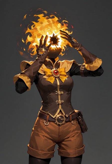 score_9, score_8_up, score_7_up,
lord_of_frenzy, fire head,
novakin, faceless, no eyes, no mouth, no nose, no facial features, short fiery yellow orange hair, body made of black plasma,
open hands, hands on face front,
hands on own head, 
magical girl outfit, steampunk dress, boots, (brown shorts:1.1), black tights, medium breasts, belt,
simple background, grey background,