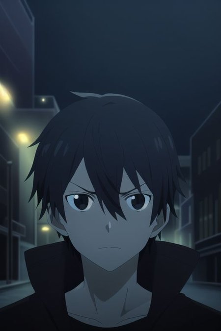 high resolution, professional photography, best quality, 1Boy, Kazuto Kirigaya, Black Hair, Black Eyes, potrait, midnight, big city, dim street lights, dirty, cold, tense, mysterious, sharp eyes, merciless, threatening, weapon, aiming the weapon at the viewer,