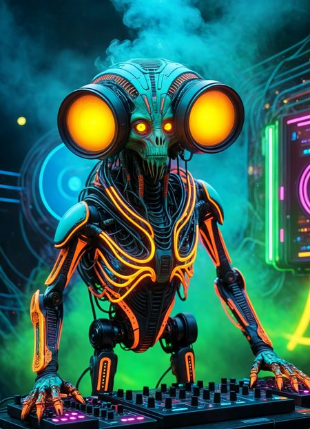 Ombre color scheme of neon orange, neon pink, neon blue, neon yellow, neon green, biomechanical cyberpunk psychedelic style cute weird (alien|penguin) creature DJing (at a rave:1.1)  (giant speakers:1.2) (crowd distant background:1.15) (bokeh volumetric lighting, fog:1.1)  <lora:fx-monsters:0.35> fx-monsters  <lora:add-detail-xl:1> <lora:sss:0.8> <lora:xl_more_art-full_v1:0.35> <lora:The_Dark_Side_Of_The_Future:0.25>  <lora:vibracol:0.5> vibracol, subsurface scattering, Photorealistic, Hyperrealistic, analog style, realistic, film photography, soft lighting, heavy shadow . vibrant colors, swirling patterns, abstract forms, surreal, trippy . cybernetics, human-machine fusion, dystopian, organic meets artificial, dark, intricate, highly detailed
