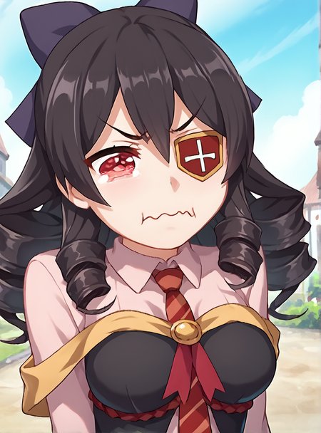 score_9, score_8_up, score_7_up, score_6_up, score_5_up, score_4_up, source_anime, anime screencap, <lora:ArueKonosuba:0.8>aruekonosuba, 1girl, solo, eyepatch, red eyes, breasts, necktie,, long hair, bow, black hair, drill hair, virgin,  <lora:concept_aquacrying_ponyXL:1>aquacrying, wavy mouth, tears, tearing up, closed mouth, pout