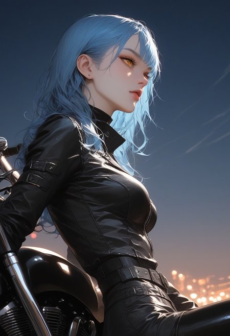 score_9, score_8_up, score_7_up, score_6_up, realistic, (sitting on a black blue motorbike), from side, at night, moonlit night, Meteors, amber eyes, ((looking at the sky)), nordic girl, very pale skin,long blue hair, slim, medium breasts, HD32k, wearing intricate  leather attire,