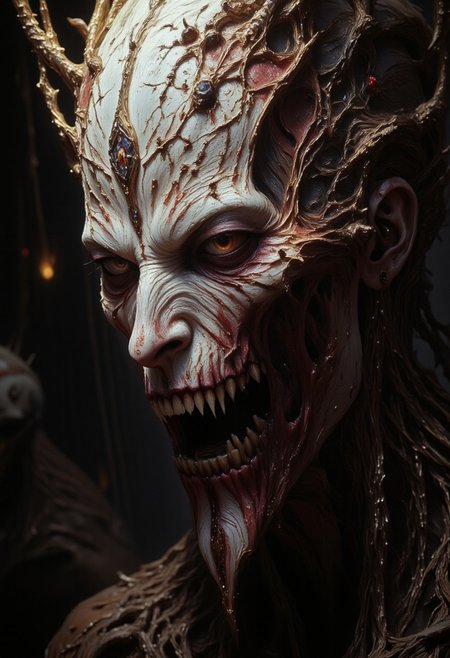 the Mokosh is an ancient drow and mythical female creature. She has long, sharp fangs for teeth and many spikes protruding from its head as it stares at the viewer with old soulless eyes, Her skin is white, engraved stone where every grove tells a story. It is snarling menacingly at the viewer, demanding respect and loyalty. Extreme closeup head portrait, hyperdetailed, 8k resolution concept art, WLOP, Moebius, H.R. Giger, Royo, muddy, dark colors, minimal lighting, hyperrealism, digital illustration, intricate,( vapor:0.9), dorian cleavenger, brom, hyperrealism, digital illustration, horror, dark environment, (&:0)t  (photography, high-resolution, dynamic, energetic,hyper-realistic, dramatic lighting, shallow depth of field.)