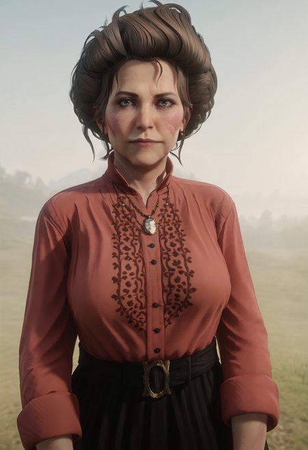 score_9, score_8_up, score_7_up, score_6_up, score_5_up, score_4_up, 1girl, <lora:SusanGrimshaw:0.9> solo, mature woman, blue eyes, brown hair, large breasts, shirt, red shirt, skirt, long skirt, long sleeves, black skirt, necklace, upper body, looking at viewer, arms on sides, 
light blue background, simple background, 3d, render,