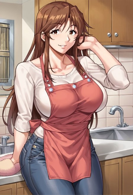 score_9,score_8_up,score_7_up,source_anime,anime_style,1girl, solo, brown hair, long hair, brown eyes, large breasts, collarbone, mature female, denim, jeans, white shirt,  apron, slippers,
kitchen,looking at viewer,cowboy shot,dutch angle,smile,