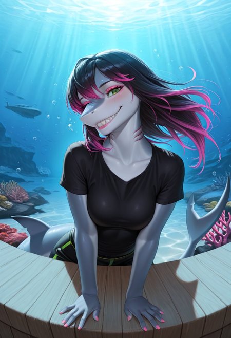 masterpiece, best quality, amazing quality, very aesthetic, high resolution, ultra-detailed, absurdres, newest, scenery, furry, anthro Shark, blushed, blush, blushing, detailed background, detailed hair, depth of field, slick glossy skin, photorealistic details, photorealistic , volumetric lighting, grin, sharp teeth, black hair, pink highlights, green highlights, smooth hair, silky hair, straight hair, thick eyelashes, pink eyeshadow, green eyes, fins, pink lips, Detailed face, detailed eyes, petite body, petite, suggestive smile, gills on neck, shiny hair, glossy hair, shark tail, fingernails, pink nail polish, medium breasts, shark ears, looking at viewer, cinematic lighting, dynamic lighting, t-shirt, miniskirt, sitting behind table, hands on table, date, on date, dating, sitting, sit, ((underwater, air bubbles, air bubble, floating hair, underwater cafe, underwater effect, water refraction, light ripples, water light ripples, underwater light patterns, dappled light, underwater light, completely submerged, submerfed cafe)), round cafe table, deep underwater, (ocean floor, underwater, deep sea, ocean depths, marine life, submarine landscape, coral reef, sea bed, abyss, underwater world, deep ocean, ocean trench, subaquatic, undersea, underwater scenery, sea floor, aquatic ecosystem), sit, sitting, sits behind table, detailed lips, detailed face, ((head tilt, tilting head, head tilted, tilted head))