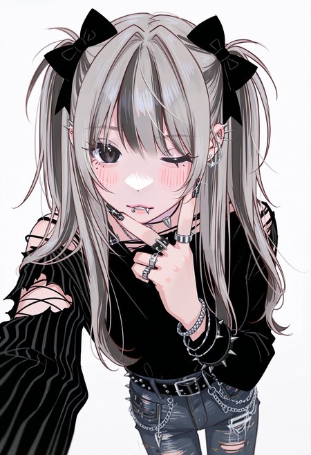 lineart, pencil art,
1girl, solo, black nails, piercing, jewelry, one eye closed, spikes, grey hair, long hair, ear piercing, shirt, blush, white background, torn clothes, looking at viewer, simple background, ring, bow, selfie, two side up, mole, hair bow, black eyes, bangs, belt, long sleeves, pants, lip piercing, denim,
<lora:hamafuguIL-style:1.2>,hamafugustyle,