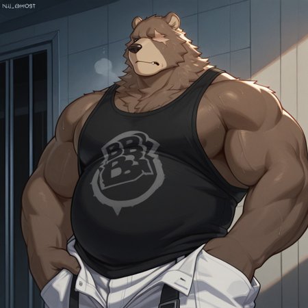 masterpiece, best quality, amazing quality, solo, 1boy, null-ghost,  Ben Bigger, bara,  white pants, black tank top,  