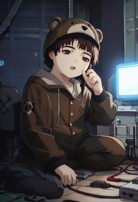 score_9, score_8_up, score_7_up, score_6, source_anime, lain, laid down, chibi, kawaii, (((bear costume))), chilling, relaxing, laying down, yawning, listening to music, headset, headphones,  side view, dark computer room, watercooling systems, computer screens, computer room, computers, computer cables, network cables, lain's bedroom, low light, pitch dark, dark night, dark ambiance, puddles, wet floor