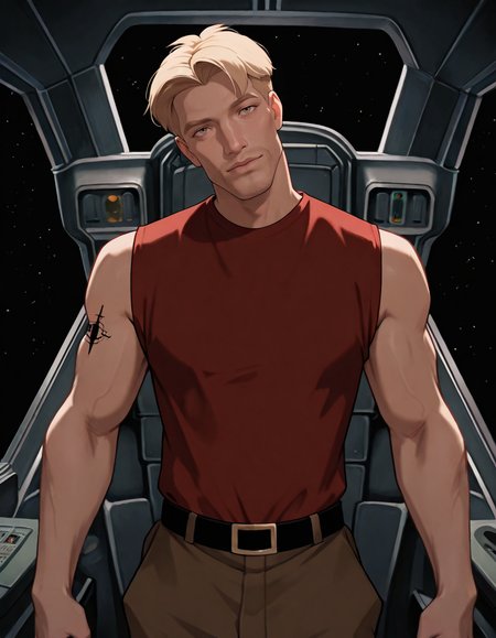 masterpiece, best quality, newest, perfect quality, best quality, detailed background, male focus, cartoon, <lora:Titan AE - Cale Tucker - Illustrious-000007:0.7>, titan_cale, 1boy, mature male, blonde hair, very short hair, hazel eyes, arm tattoo, red sleeveless shirt, spacecraft interior, cockpit, space, standing, head tilt, looking at viewer, portrait