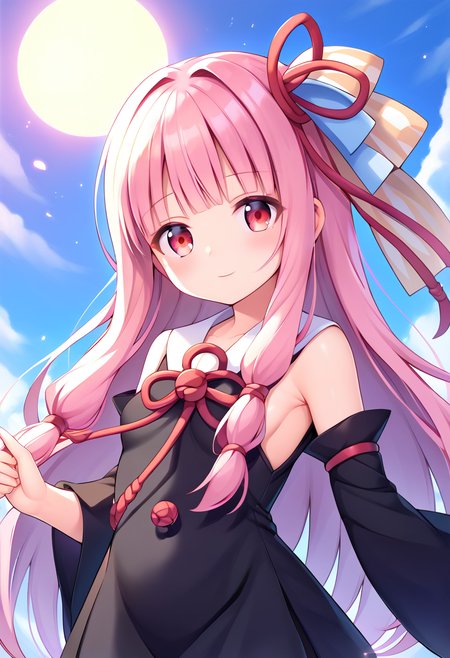 score_9, score_8_up, score_7_up, score_6_up, score_5_up, score_4_up, source_anime,
BREAK,
 <lora:kotonoha_akane_ponyXL_v1:1> kotonoha akane, long hair, pink hair, ribbon, red eyes, blunt bangs, sidelocks, black dress, detached sleeves, sky,