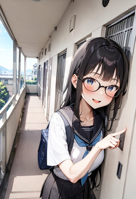 masterpiece, best quality, very aesthetic, absurdres,
1girl, glasses, black hair, long hair, school uniform, school bag, smile, blush, pointing at another, solo focus,
rouka, hallway, scenery, window, building, day, sky, door, outdoors, blue sky, cityscape, city, real world location, 
 <lora:JProuka_apartment_hallway_SDXL_V1:1>