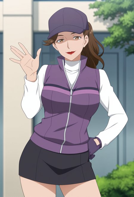 1girl,solo,mm,mature female,brown hair,brown eyes,long hair,ponytail,lipstick,anime coloring,
hat,white shirt,long sleeves,purple jacket,skirt,single glove,contrapposto, hand on own hip, waving, looking at viewer, smile,outdoors
,masterpiece,best quality,amazing quality,<lora:Remelda-Birdie_Wing_Golf_Girls_Story:0.8>
