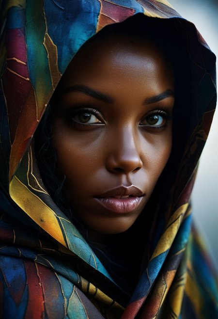 Close-up face, mysterious silhouette of an exotic coloured woman in worn down cape, goddess, alluring, by Minjae Lee, Carne Griffiths, Emily Kell, Steve McCurry, Geoffroy Thoorens, Aaron Horkey, Jordan Grimmer, Greg Rutkowski, amazing depth, double exposure, surreal, geometric patterns, intricately detailed, bokeh,  perfect balanced, deep fine borders, artistic photorealism , smooth,  great masterwork by Suiras  <lora:add-detail-xl:2>  <lora:Double_Exposure:0.5>