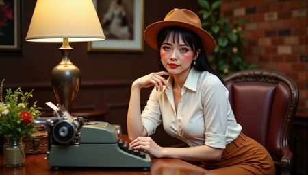 modeling poses,Hyperrealistic, She is approximately 18 years old, she is smiling, dynamic angles, multiple angles,She is looking at the camera, photoshoot poses; A photo of Choon-hee_Camybody4K features a woman with bright green eyes. She is wearing a red lipstick, huge breasts, she is wearing a white white shirt and brown pants, she is posing for the camera.  a woman with huge breasts, she is sitting at a desk with an old fashioned typerwriter, the office is decorated in a 1950s detective noir style, The woman is wearing brown fedora.  The scene is set in a cozy and inviting atmosphere, with the woman being the main focus of the image. she has the perfect milf body, thin waist, wide hips, golden triangle, she is posing for the camera with a smile on her face. Style: realistic hyper-detailed rendering, 32k UHD, expressive eyes, punk, graphic design, girl's face, pretty and cute, gleaming lips, telling a tale of adventure. Exuding confidence and serenity. The overall mood of the image is happy and relaxed,detailed skin texture,(blush:0.2),(goosebumps:0.3),subsurface scattering,with a playful and whimsical tone, aidmafluxpro1.1, perfect hand, detailed hand, looking at camera, looking at viewer, looking at camera, she is looking at the camera,retro50s_style, 