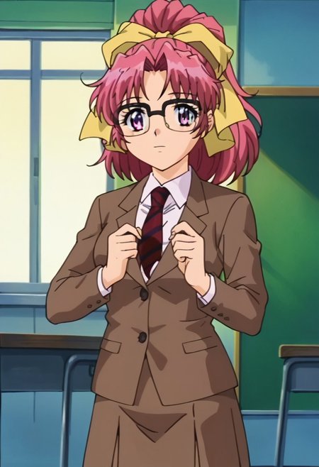 score_9,score_8_up,score_7_up,score_6_up,score_5_up,score_4_up,negative_hand, 1girl, Mimika Aobajou, Pink Hair, Long Hair, Ponytail, Ribbon Hair Tie, Grey Eyes, Blazer School Uniform, Glasses, Necktie, Skirt, looking at viewer, posing, indoors, anime screencap