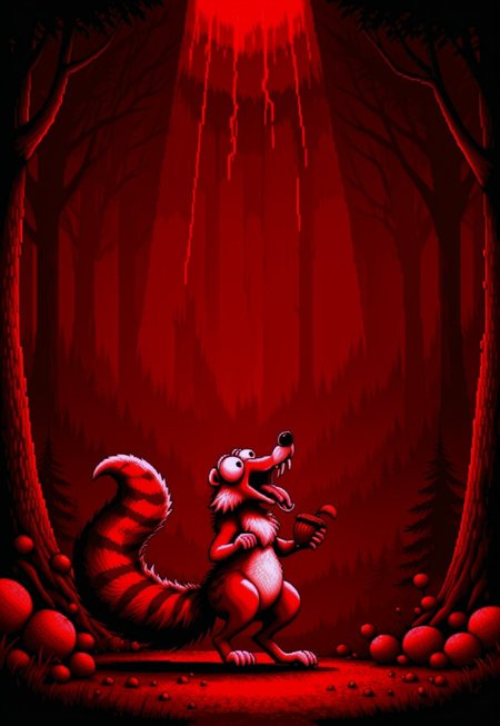 Masterpiece, absurdres, highest quality, highly detailed, newest, 8k, vbstyle, pixel art, red theme, Scrat, closeup, solo, long snout, bushy tail, bulging eyes, striped tail, screaming, mouth open, tongue out, holding acorn, forest background, detailed background, (closeup:1.3),