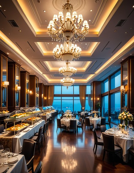 <lora:SDXLFaeTastic2400:0.4> <lora:extremely_detailed:0.4> extremely detailed
A grand and opulent buffet hall with high ceilings, adorned with intricate chandeliers casting a warm golden glow. The hall is lined with long, elegantly decorated tables covered in fine white linen, showcasing an extravagant selection of gourmet dishes. Silver chafing dishes gleam under soft ambient lighting, filled with delicacies such as succulent roasted meats, fresh seafood on ice, and vibrant platters of exotic fruits. Ornate floral arrangements and carved ice sculptures serve as centerpieces, enhancing the grandeur of the setting. In the background, tall arched windows with heavy velvet drapes reveal a breathtaking city skyline. Guests in elegant evening attire mingle, holding fine crystal glasses filled with champagne, adding to the sophisticated and lavish atmosphere.
luxurious buff3t h4ll,  <lora:luxurious_buff3t_h4ll-p:1>, Masterpiece,best quality,hi res,8k,hi res,8k,award winning,(sharp focus, intricate, highly detailed),