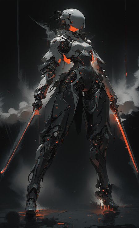 masterpiece, best quality, good quality, newest, highres, absurdres,1girl, solo, breasts, looking at viewer, red eyes, holding, standing, full body, weapon, small breasts, sword, holding weapon, armor, orange eyes, glowing, holding sword, helmet, robot, science fiction, smoke, dual wielding, android, joints, robot joints, power armor, in the style of cknc,mcnm,
G0zeNA_illu, abstract, surreal <lora:illustriousXL_stabilizer_v1.23:0.3> <lora:NOOB_vp1_detailer_by_volnovik_v1:0.3> <lora:ponyv6_noobE11_2_adamW-000017:0.3> <lora:ck-nc-cyberpunk-IL-000011:0.7> <lora:Mechanism-Illustious:0.8> <lora:G0zeNA_style:1>