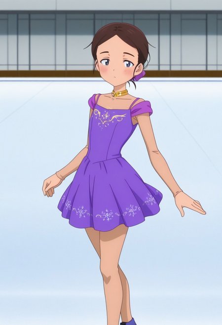 Masterpiece , best quality , amazing quality , anime screencap   , ice skater , a girl , emayamato , purple sleeveless dress , brown hair  ,  posing