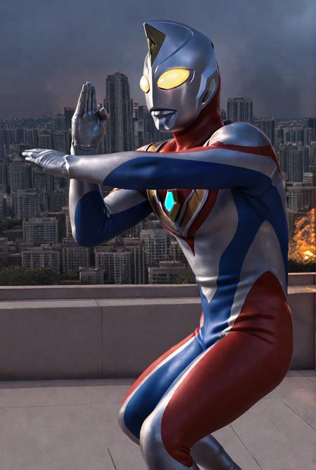 very awe,aesthetically pleasing,masterpiece,best quality,amazing quality,very aesthetic,ultra-detailed,high resolution,8k,1boy,solo,male focus,detailed face,tokusatsu,alien,bodysuit,glowing eyes,yellow eyes,multicolored bodysuit,dyn4 flash,fighting stance, fire,cityscape,<lora:Ultraman Dyna:0.8>,