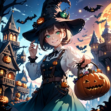 score_9, score_8_up, score_7_up, masterpiece, source_anime, intricated details, concept art, dark fairy tale, steampunk style, cowboy shot, low angle, shallow depth of field, pjSMT, (a chuunibyou girl wearing a hat with Jack-O'Lantern decoration:1.5), smiling, holding pumpkin basket to viewer, trick or treat pose, brown hair, short bob hair, green eyes, wearing black and orange overall, a pumpkin cart behind her carry a lot of candy, cute ghost flying around, pumpkin village, transylvania castle from a far, pink and blue color sky color and mist, cart motion, novuschroma62 style, <lora:add-detail-xl:0.7>,  <lora:zavy-cntrst-sdxl:0.9>,  <lora:novuschroma62 style_:0.8>,  <lora:PyroJackSMT-pdxl:0.8>