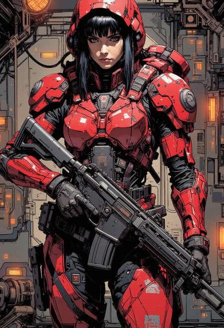 nistyle, a female space pirate. chanel straight-cut bob, bangs, sidelocks, battered red power armour,  standing in the command room of a battered spaceship, holding a sci-fi assault rifle in both hands.