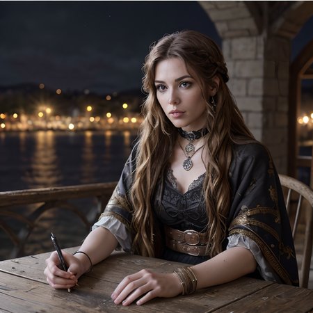 RAW photo, (masterpiece:1.3), subsurface scattering, heavy shadow, (high quality:1.4), (intricate, high detail:1.2), professional photography, HDR, High Dynamic Range, realistic, ultra realistic, photorealistic, high resolution, film photography, ambient lighting, atmospheric effects, <lora:detail_slider_v4:2>, OverallDetail, epic medieval fantasy, a witch wearing black robes with chestnut brown long and braided hair, diadem, fanhe, <lora:FantasyHeaddress:0.6>, choker, bracelet,  belt, in the night, <lora:zoom_slider_v1:-1.5>,  <lora:cleavage:-1>, in the style of Angus McBride, epiCPhoto