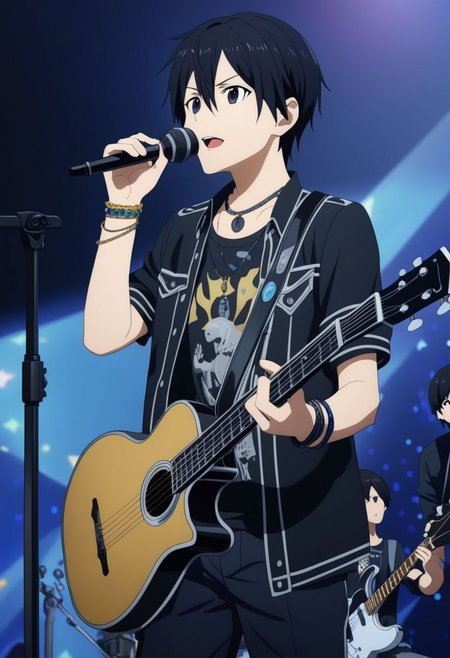 high resolution, professional photography, best quality, 1Boy, Kirigaya Kazuto, Black Hair, Black Eyes, idol, singing, potrait, dept of field, virtual concert, musical instrument, playing musical instrument, necklace, bracelet, sneakers, overalldetail