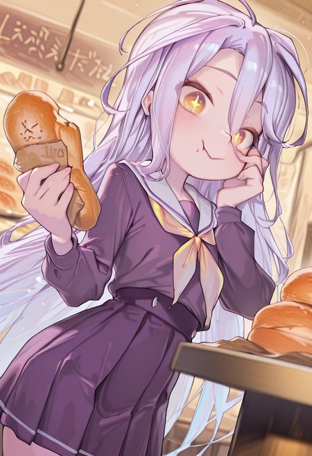 masterpiece, best quality, amazing quality, very aesthetic, absurdres, newest, 
iparupua, by iparupua, yyqw7151_illu, Henreader, petite, thin, short girl,
shiro \(no game no life\), 1girl, solo, long hair, flat chested, yellow eyes, purple shirt, white sailor collar, yellow neckerchief, purple skirt, pleated skirt,
looking at viewer, hand to cheek, holding bread, eating, cute, kawaii, surprised, chewing, tasty, + +, restaurant, bakery, happy, saliva,
no game no life style,