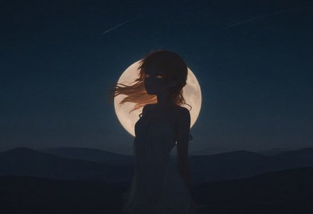 1girl,sui/(isekai ojisan)/,on the right position of photo, standing,far from viewer,,from side,truning back,dim light,looking up,masterpiece,best quality,amazing quality,absurdres, solo,(jitome:0.6), night,outdoor,hill,many star in sky,moon light,night,dim light, DYNAMIC POSE,strap slip, frill,collarbone, expression less,glowing eyes, 
,best quality,very aesthetic,absurdres
erifashion，adelinestyle，BV-Illu