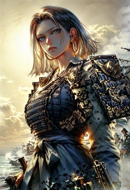 score_9, score_8_up, (cowboy shot:1.5), chest focus, best quality, masterpiece, high contrast, 8k, highly detailed, extremely detailed face, beautiful , Android No. 18, indifferent, blushing, excited, arrogant, side-parted blond hair, slender and perfect figure, (huge breasts: 1.2), thin waist, sexy long legs, beautiful blue eyes, big hoop earrings, wearing Japanese Warring States period armor, holding a Japanese Warring States Period matchlock gun ,  body shot from waist up, detailed background, surreal, HD, extremely detailed, high resolution, cinematic lighting, octane rendering, 8k resolution, Artstation quality, Horizontal viewing angle
