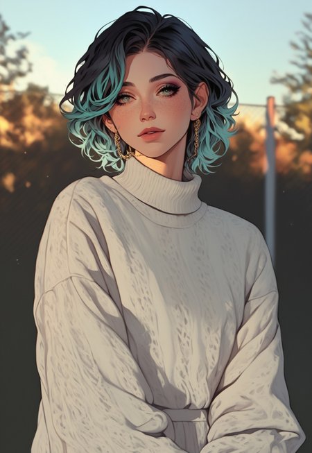 score_9, score_8_up, pastel colors, high contrast, anime girl, standing beside chain-link fence,  
intricate Nordic knit sweater (green, navy:1.2), shoulder-length dark hair (natural highlights:0.9),  
dappled sunlight through fence, volumetric shadows patterning face, rim lighting, soft expression,  
artistic lighting, depth of field, calm urban setting, warm afternoon tones, cinematic shadows,  
semi-realistic texture, (highly detailed eyes:1.0), elegant atmosphere, source_anime, semi-realism, makeup, 