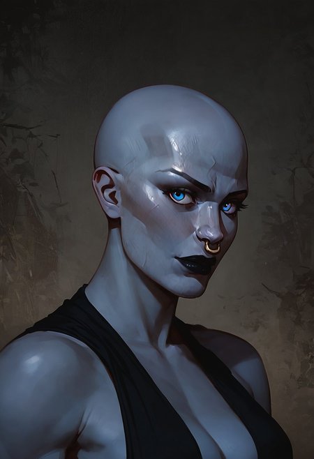 safe_pos, score_9, score_8_up, score_7_up, score_9, score_8_up, score_7_up, a rattataki female alien from star wars who is wearing a raider outfit, has a bald head, grey skin, blue eyes, the picture should look like an adult movie poster. Toned female, black lips, nose ring, in a wasteland, smooth bald head, showing off her tits, nsfw, 