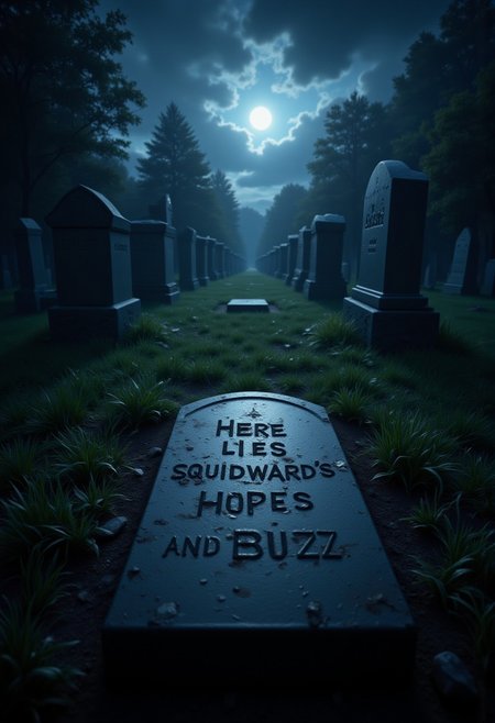 aidmaMJ6.1, aidmatextimprover.The landscape is a dark graveyard, the subject is a grave with the words:"Here lies squidward's hopes and buzz".