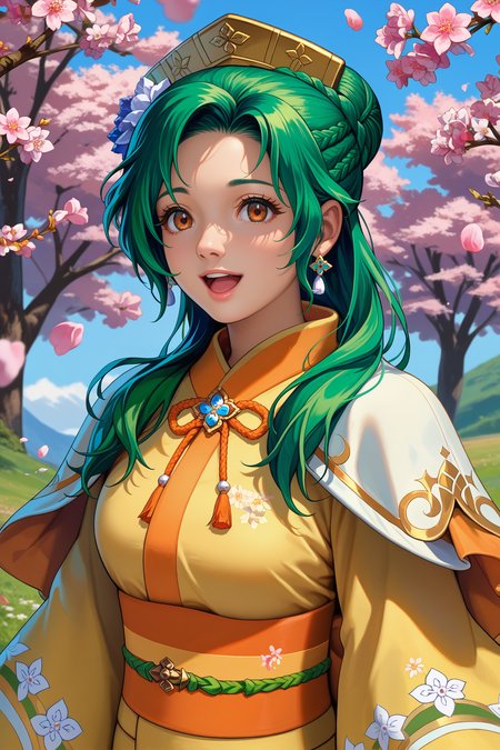 score_9, score_8_up, score_7_up, score_6_up, source_anime, 1girl, solo, <lora:elincia-pdxl-nvwls-000005:1> hsElincia, green hair, hair bun, long hair, braid, brown eyes, hair flower, hat, white capelet, orange kimono, sash, wide sleeves, floral print, large breasts, cherry blossoms, open mouth, amazed, looking up, blue sky, happy, looking at you