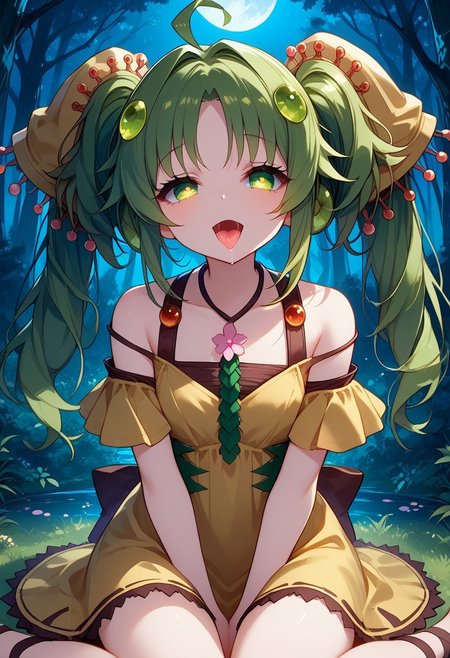 score_9, score_8_up, score_7_up, Best quality, HD, extremely detailed, stunning beautiful, high definition, source_anime, solo, Expressiveh, detailed eyes, eyesHD,green hair,twintails,green eyes,dress,yellow dress,ahoge,hair ornament, in the forest, predator eyes, eyes shining, ((dark forest)), predator lust look, small tits, mouth open, saliva, tongue out, ((night)), sitting, high angle shot, moon rays, presenting tits, glowing eyes, (smug), forehead shadow, traptrix sera