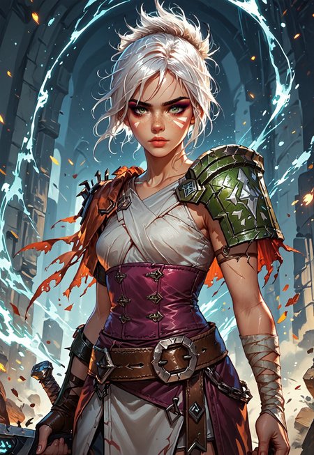 ((zPDXL3)), ((masterpiece,best quality, highly detailed)), ((score_9)), score_8_up, score_7_up, score_6_up, score_5_up, score_4_up, Digital painting style, brushstrokes, ((EnhanceImage)), solo, rvn, white hair, short hair, ponytail, rvn, short hair, ponytail, facial mark, eyeshadow, top, criss-cross halter, single pauldron, shoulder armor, single glove, bandaged arm, corset, belt, skirt, single greave, (huge weapon, sword, broken weapon, magic), Expressiveh, tanned-skin, 30yo, adult lustful confident woman, petite, slender body, perky saggy natural breasts, full lips, bangs, sidelocks, straps,
chinese magical sorceress, animated, swirling magic, wisps of magic, dancing pose, tight squeezed outfit, magical accessories, evoking motion, conveying motion, dynamic splash art, 
<lora:PainterlyFantasiaPDXL:0.6>,