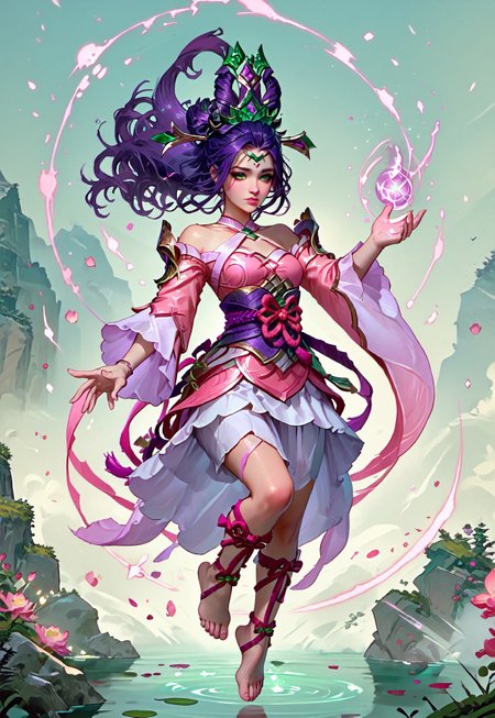 ((zPDXL3)), ((masterpiece,best quality, highly detailed)), ((score_9)), score_8_up, score_7_up, score_6_up, score_5_up, score_4_up, Digital painting style, brushstrokes, ((EnhanceImage)), solo, 1girl, JannaSSPXL, green eyes, purple hair, long hair, hair ornament, forehead, medium breasts, bare shoulders, pink dress, detached sleeves, long sleeves, purple sash, pink ribbon, white skirt, leg ribbon, barefoot,
Expressiveh, 30yo, adult lustful confident woman, petite, slender body, perky saggy natural breasts, full lips, bangs, sidelocks, straps,
chinese magical sorceress, animated, swirling magic, wisps of magic, dancing pose, tight squeezed outfit, magical accessories, evoking motion, conveying motion, dynamic splash art, 
<lora:PainterlyFantasiaPDXL:0.6>,