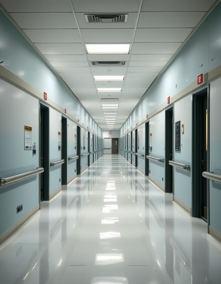 A long, sterile hospital corridor with bright white walls and a polished, reflective floor. The fluorescent ceiling lights cast a cold, clinical glow, emphasizing the cleanliness of the space. The hallway is lined with closed patient rooms, each marked with a small number plate. Stainless steel handrails run along the walls, and a few medical carts are neatly parked near the side. The corridor appears empty, creating a sense of stillness and anticipation. At the far end, a set of double doors with small glass windows leads to another section of the hospital. The atmosphere is quiet, professional, and highly sanitized, evoking a sense of order and precision.
<lora:SDXLFaeTastic2400:0.4> <lora:extremely_detailed:0.4> extremely detailed, <lora:sterile_hospital_c0rr1d0r:1>,sterile hospital c0rr1d0r, Masterpiece,best quality,hi res,8k,hi res,8k,award winning,(sharp focus, intricate, highly detailed),