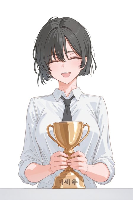 masterpiece, best quality, amazing quality,
 <lora:Nutzlos_IL:1> nutzlos, solo, closed eyes, short hair, 1girl, smile, open mouth, necktie, shirt, black hair, mole, holding, white shirt, white background, trophy