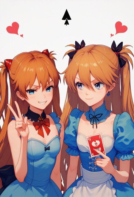 score_9, score_8_up, score_7_up, 2girls, alice in wonderland style, Asuka Langley, blue dress, detached collar, Queen of Hearts, holding card, smug grin, Ami Arakawa