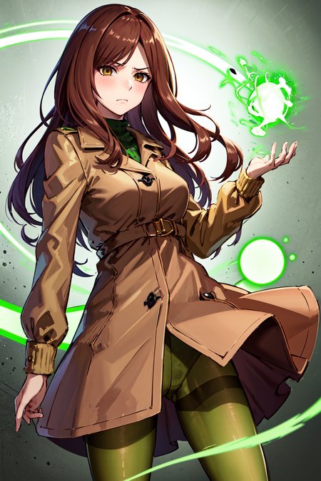 masterpiece, best quality, highres, shizuri1, solo, 1girl, pantyhose, brown hair, brown coat, scaf, yellow pantyhose, long hair, brown eyes, fashion, <lora:mugino_shizuri_v1:0.7>, frown, (green magic:1.2), green razer, standing, cowboy shot,