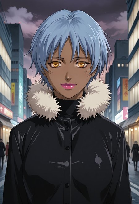 source_anime, D4RK3RTH4NBL4CK, DTB_Style, (XXX Rating), ((score_9)),score_8_up,score_7_up,score_6_up,score_5_up,score_4_up, retro_artstyle, anime style, 1woman, (dark-skinned_female:1.5), solo, solo focus, (april_(darker_than_black):1.3), (short hair), (blue hair), yellow eyes, sunglasses, pink lips, large breasts, (winter_coat, fur_trim), Blush, Full-Faced Blush, (long_sleeves), (smile), red face, steam, looking at viewer, facing viewer, masterpiece, best quality, highres, best illumination, depth of field, Artist style:komori_takahiro, public indecency, urban, cloudy, night, cityscape background,  outdoors,