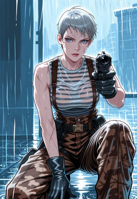 masterpiece, best quality, detailed, realistic, cowboy shot,  1girl, solo, olgamgs, very short hair, grey hair, scar, blue eyes, breasts, striped tank top, high-waist pants, brown camouflage pants, suspenders, gloves, belt, holster, holding gun, aiming, on one knee, rain, wet hair, wet clothes,