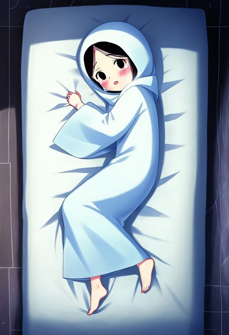 zPDXL3, source_cartoon, Perfect Hands, full body,
1girl, solo, bedroom, looking at viewer, saoirse, black hair, black eyes, blush, ghost, hood up, robe, barefoot, glowing, lying on bed, from above, lying on side, facing at viewer, feeling cold, eyes open, crying sadly, open mouth, sleeve past wrist, slim body, long body, highlight cloth wrinkle, anime style,
<lora:Perfect Hands:1>  <lora:Saoirse_-_The_Song_of_the_Sea-000009:1>